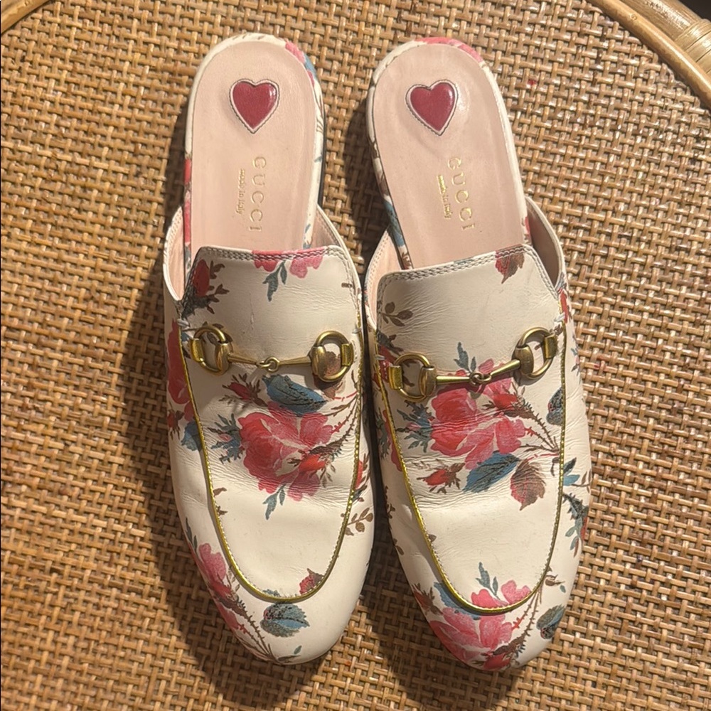 Gucci Floral Horsebit Accent Leather Mules